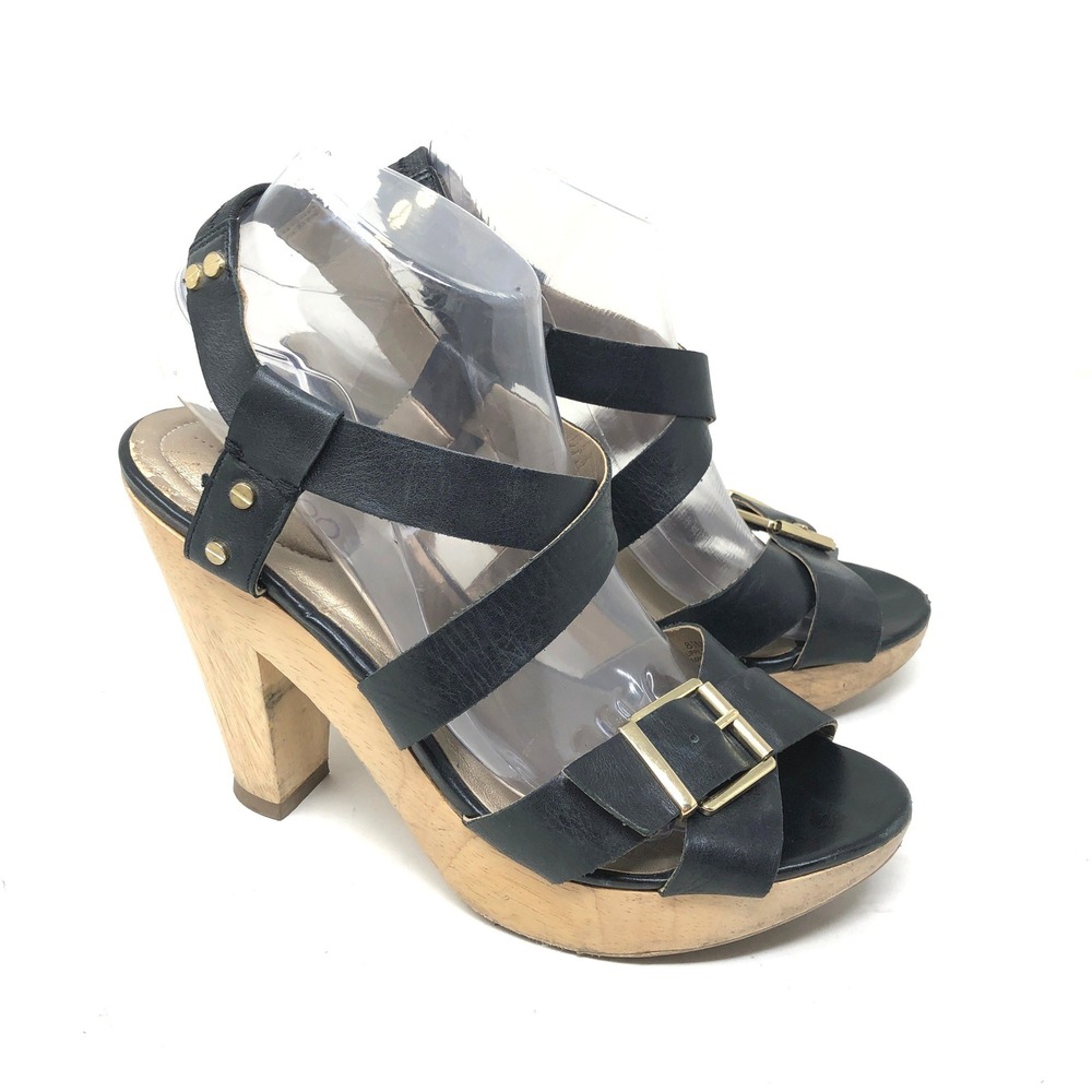 VTG Wooden Sandals Me Too Womens 8.5M Ebony Leather Black Wood Heel Buckle